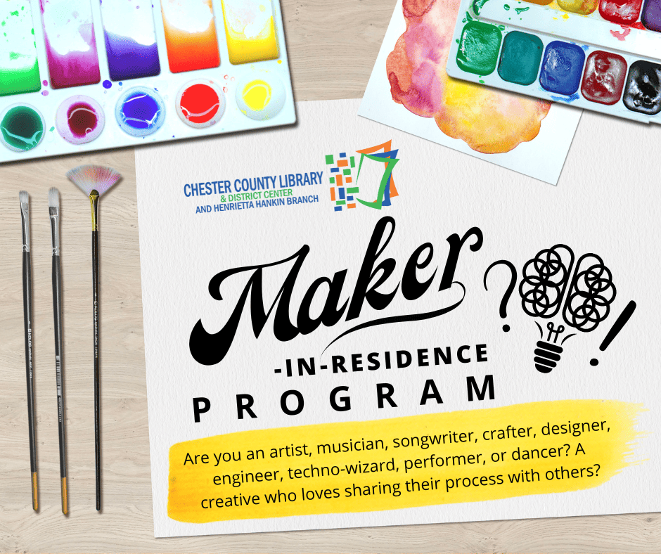 Illustration describing Maker-in-Residence program with images of paints and brushes.