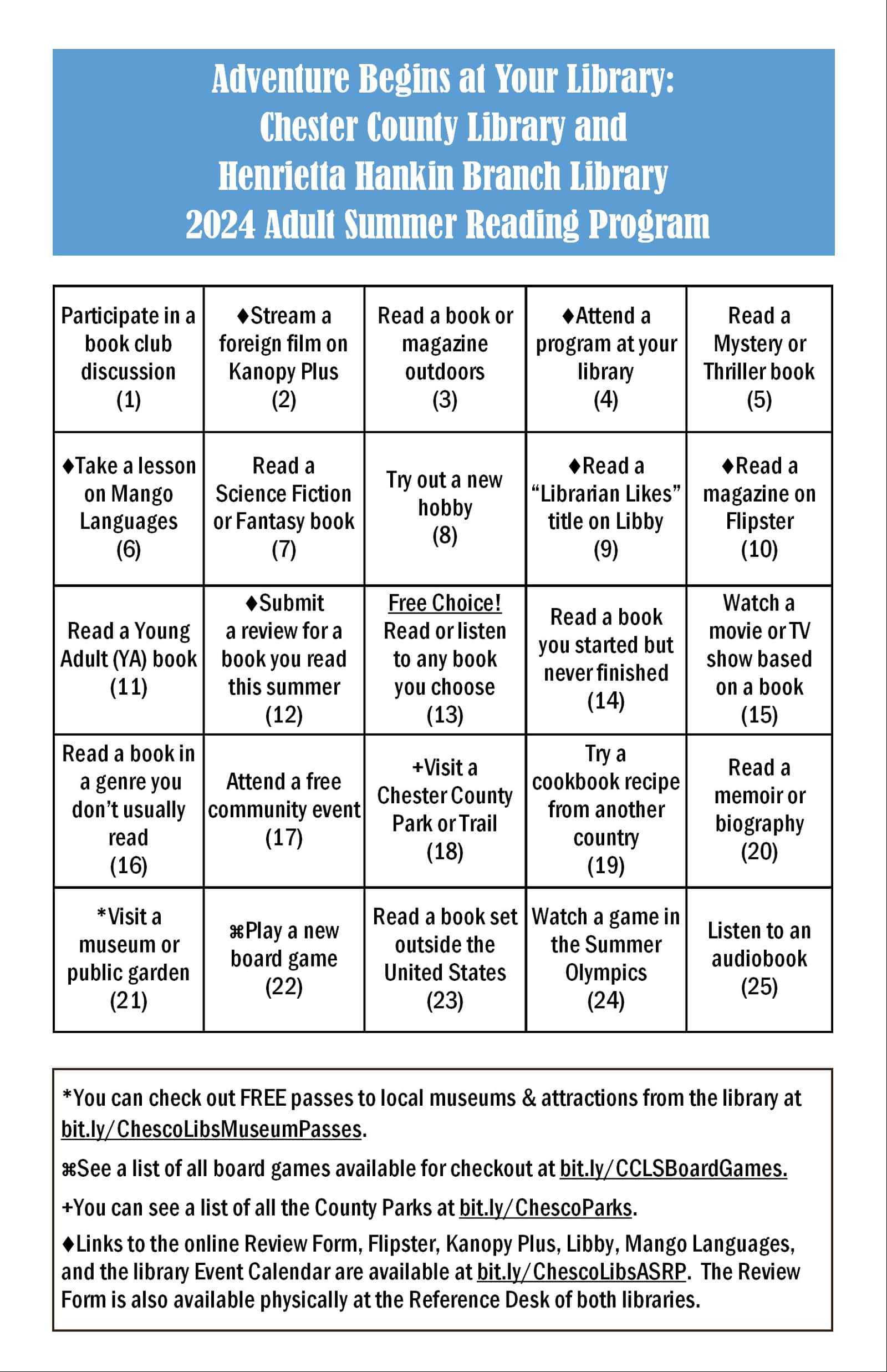 Image of Bingo card for Adult Summer Reading