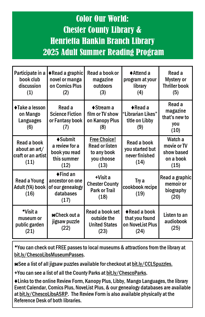Bingo Card 2025 Adult Summer Reading Bingo Card