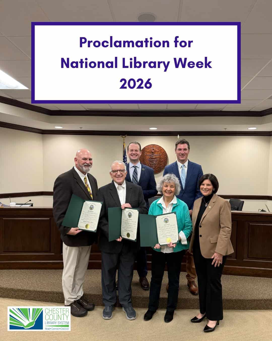 663254815_122152654088981652_1282143864867015358_n The executive director of the library system, Joe Sherwood, Board member Andy Dinniman, and a longtime (20+ years) volunteer, Carol Oksala, received the Proclamation (Pictured left to right in the bottom row) from Commissioners Josh Maxwell, Marian Moskowitz, and Eric Roe.